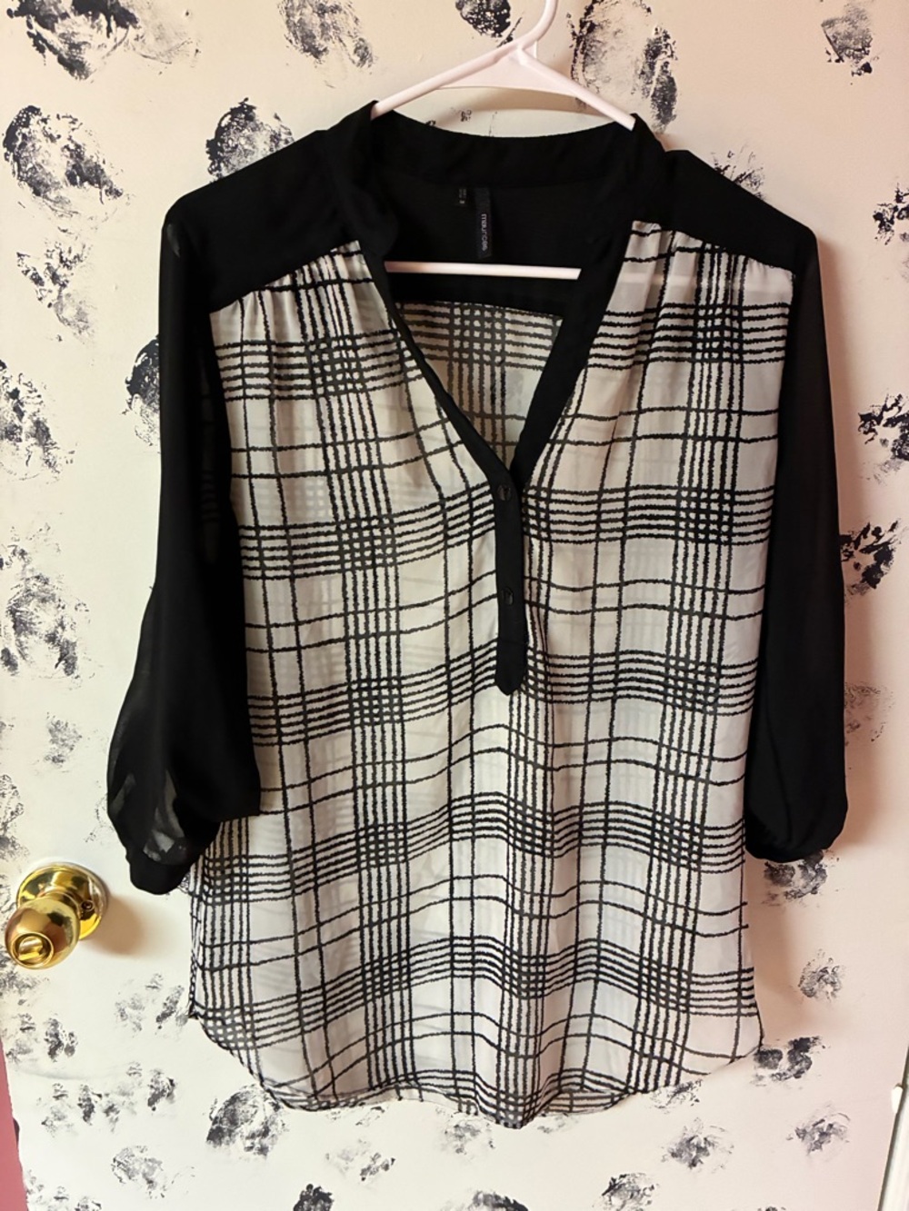 Maurices Black and White Plaid Blouse with Sheer Sleeves